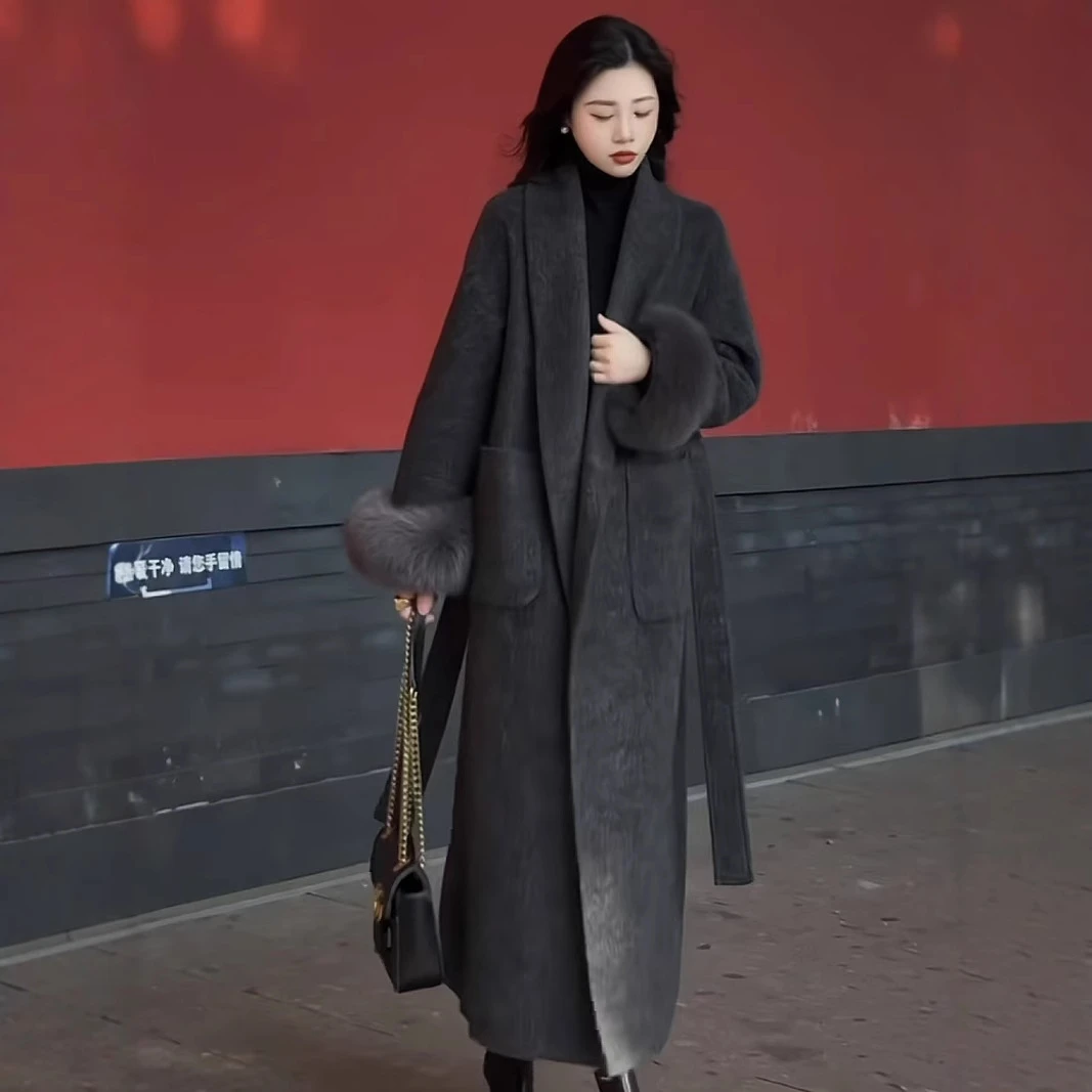 秋冬新款90%白鸭绒内胆毛呢羊毛大衣长款加厚女羽绒外套毛毛可拆