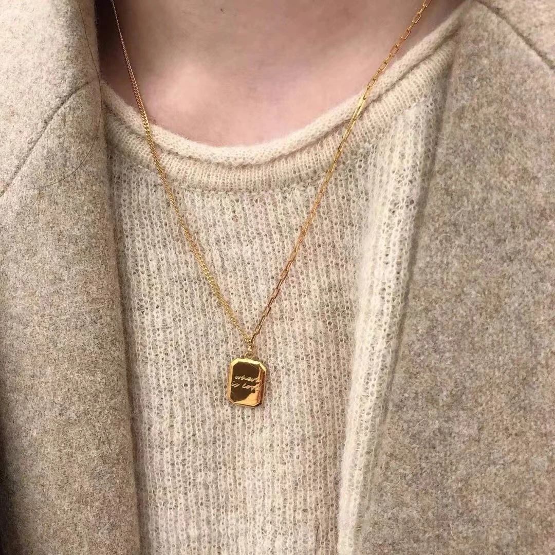 驰锦 钛钢项链 时尚精致方糖巧克力项链女简约方牌吊坠锁骨链颈链