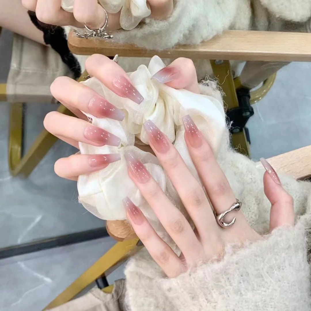 【粉蓝渐变】纯手工光疗美甲贴果冻贴片假指甲成品穿戴甲美白气质
