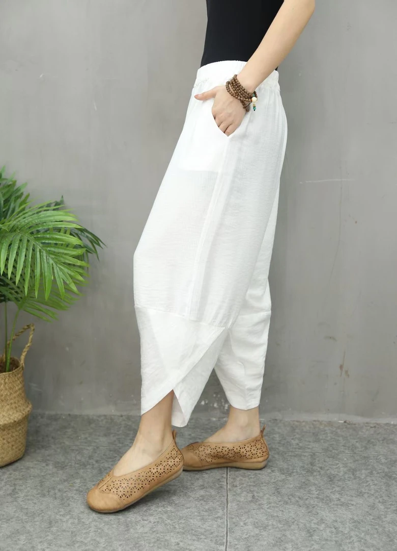 棉麻舒适夏季宽松大码透气女裤百搭禅意纯色哈伦裤薄款八分裤白色