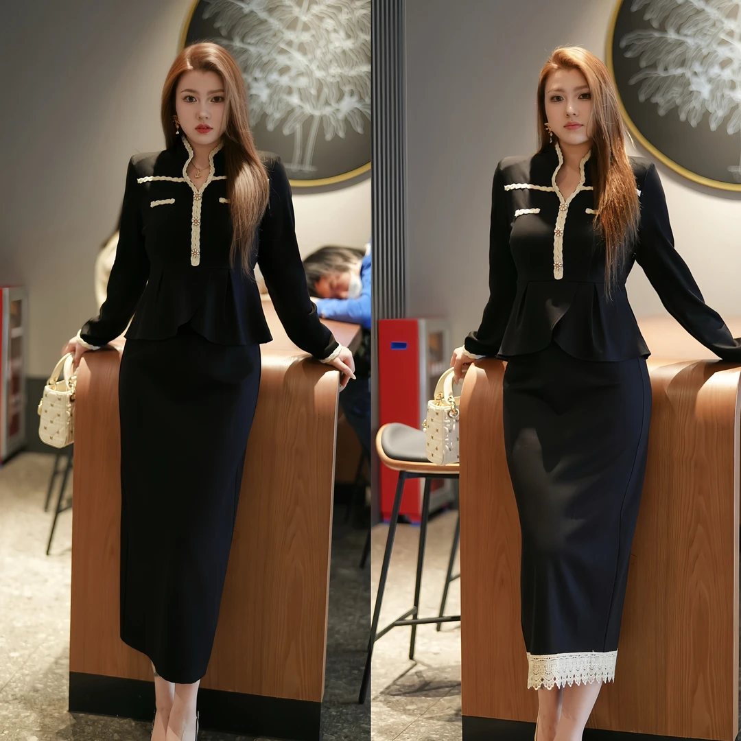 XYD71363/XYD71349优雅精致感花边贵气上衣半身裙大码女装套装