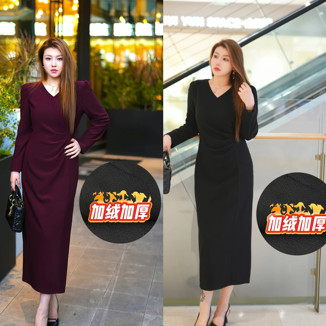 XYD71250秋冬复古高级高腰修身赫本风显瘦长款大码鱼尾连衣裙