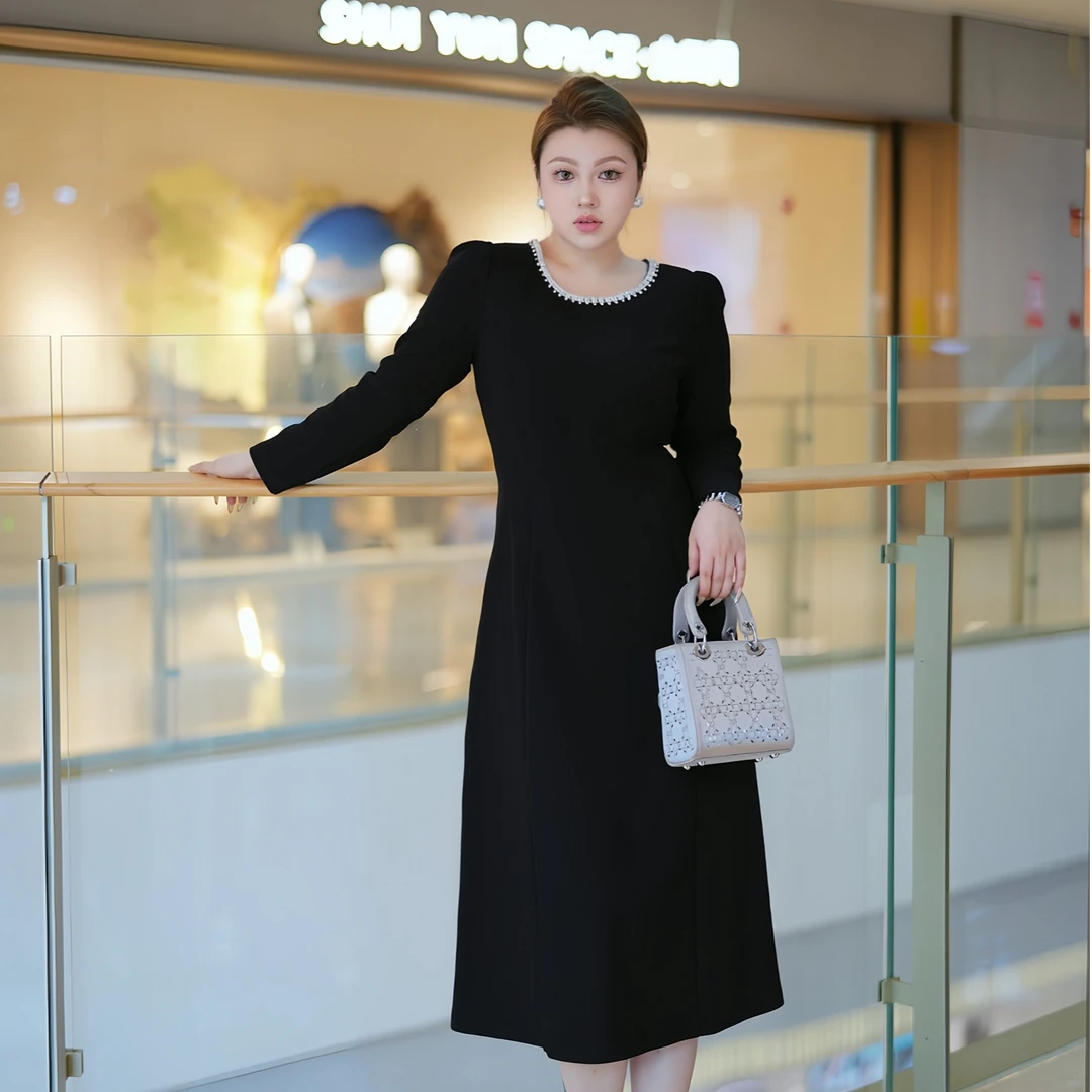 【A摆】XYD71237赫本镶钻圆领气质贵气钉钻大码连衣裙