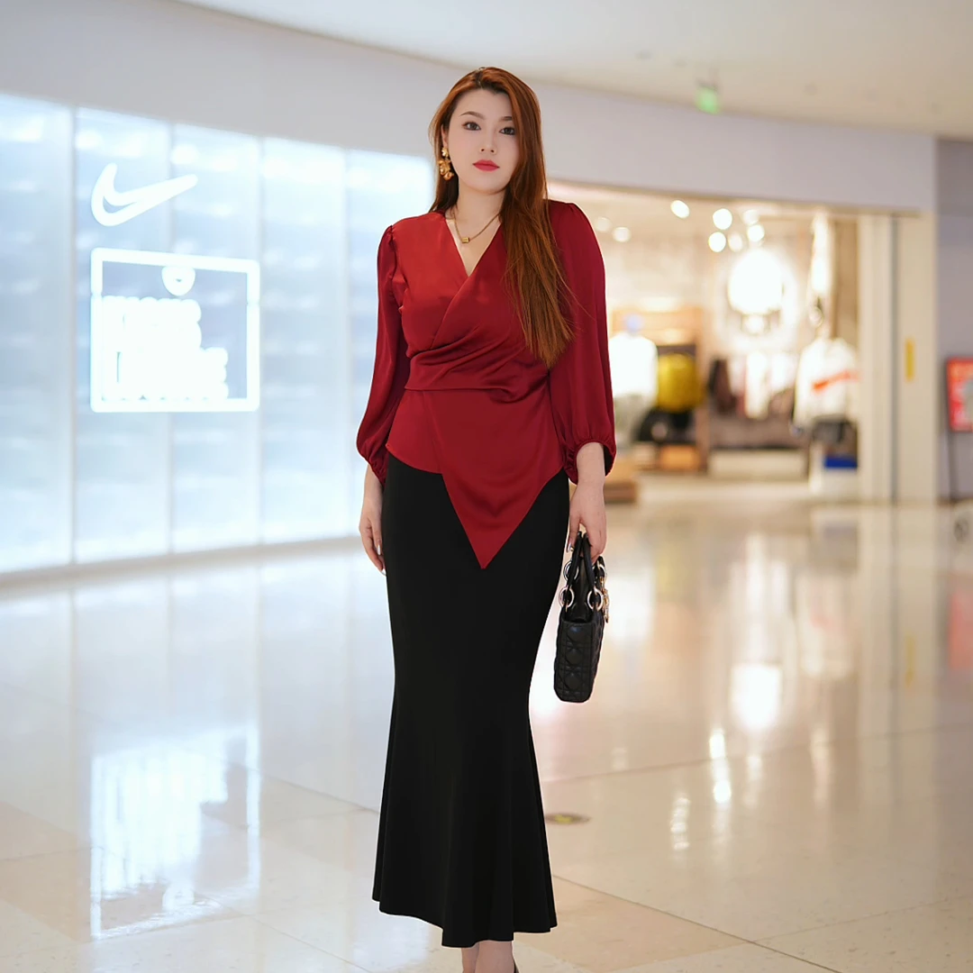 【上衣】XYD71005夏季新款法式轻熟收腰绑带V领缎面大码衬衫