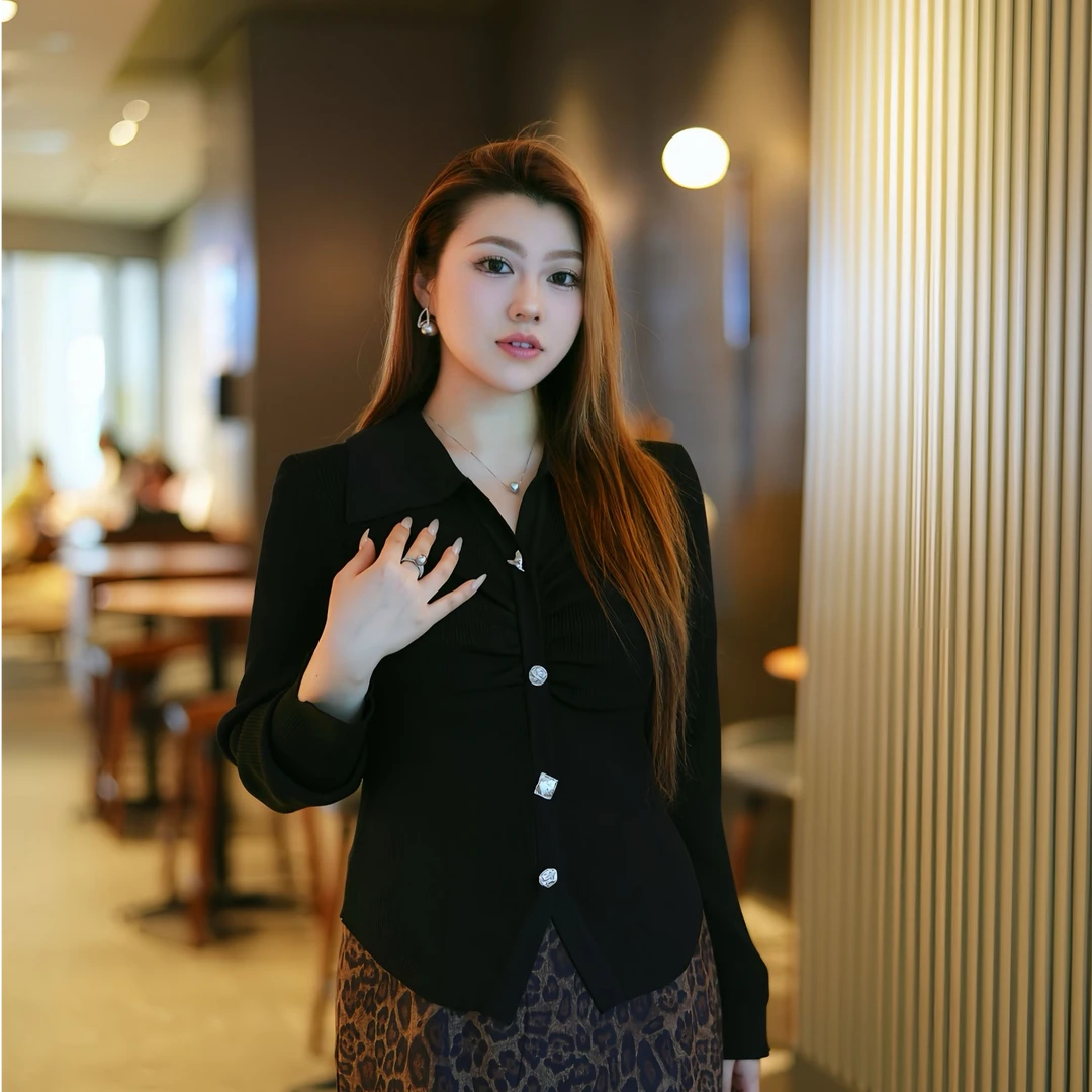 【上衣】XYD71316秋冬新款弹力针织气质翻领纯色高级显瘦大码上衣