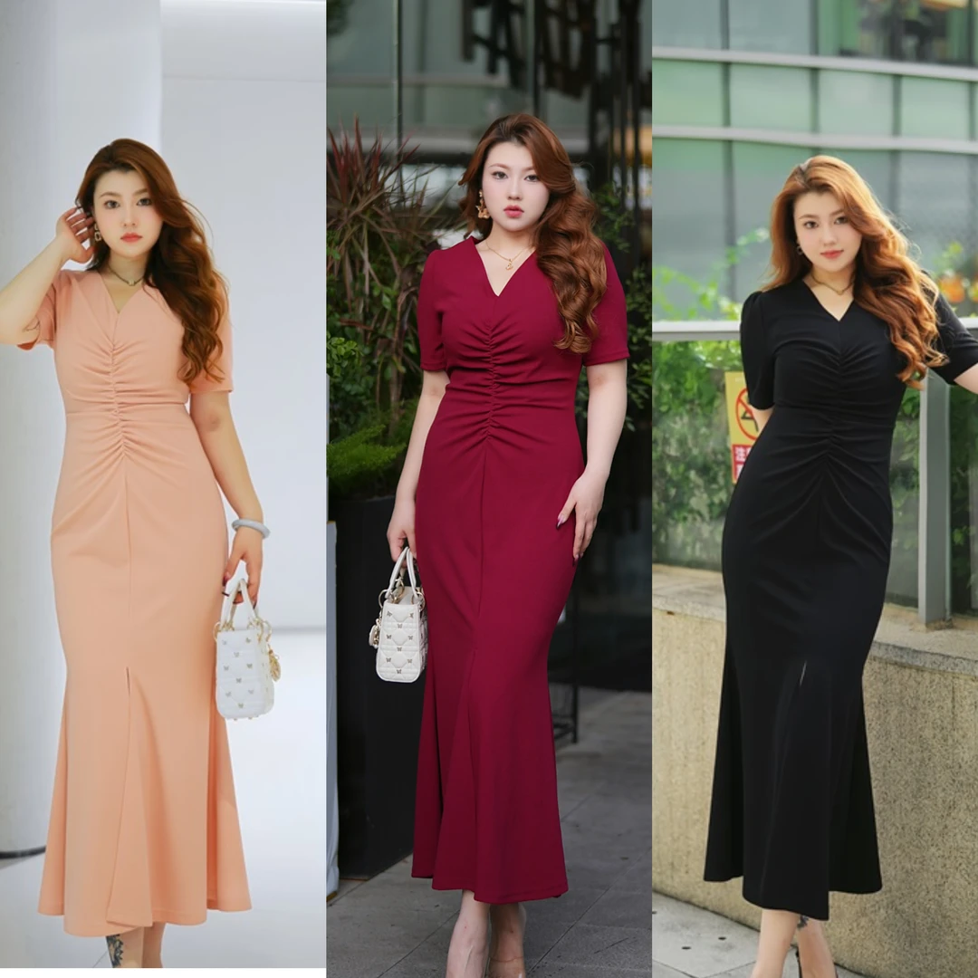 XYD71104新款法式V领婉约温柔恬静风收腰显瘦捏褶遮肉大码连衣裙