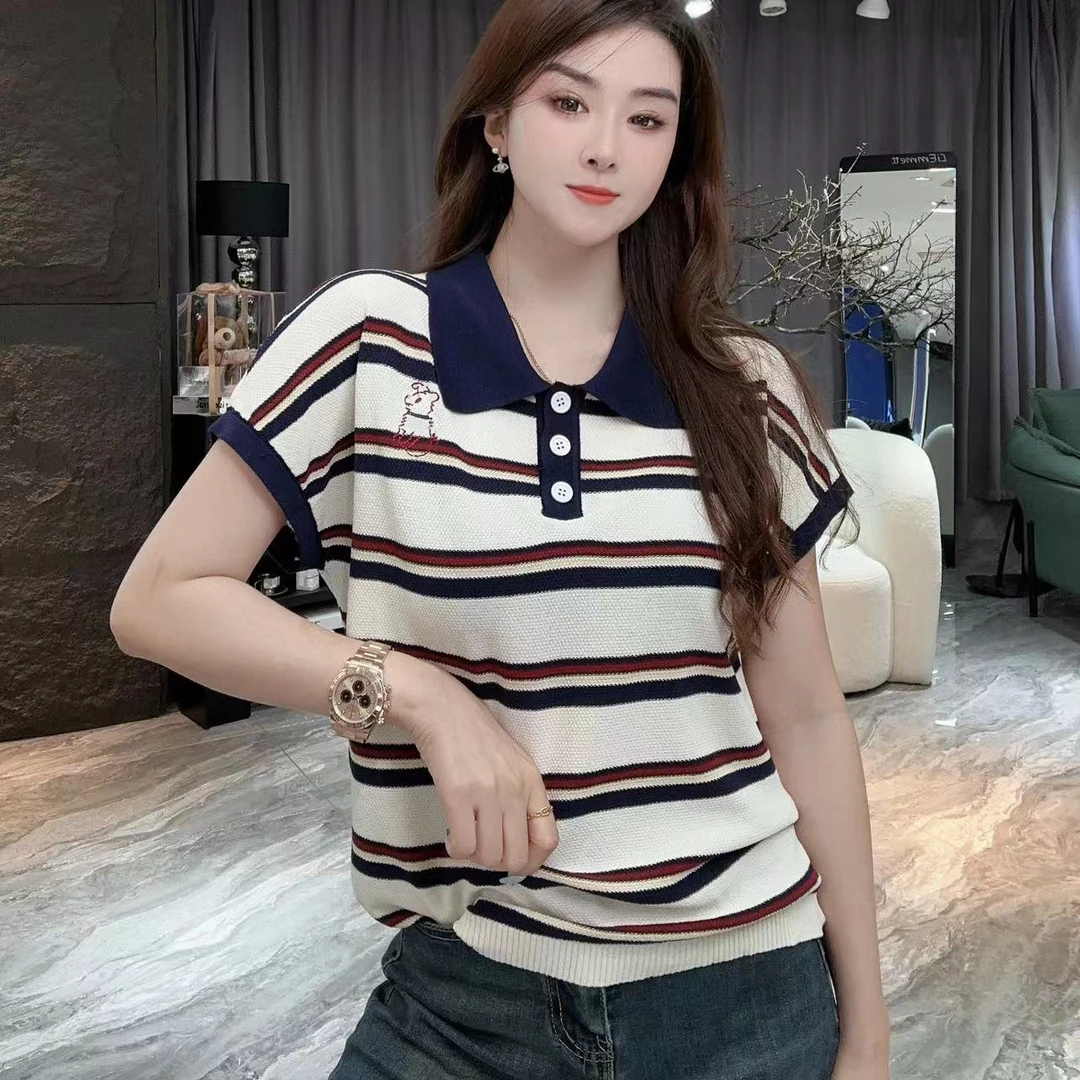 小凉家（R）001夏季新款polo领拼色替我恩卡通刺绣兔子百搭休闲上衣