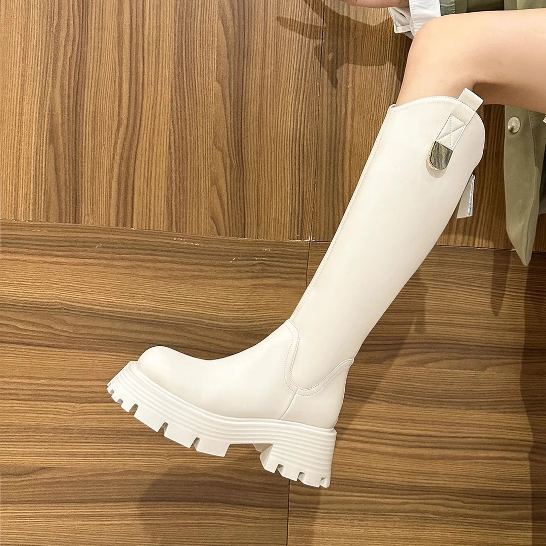 大筒围长靴女2025新款显瘦不过膝白色靴厚底高筒长靴V口骑士靴子