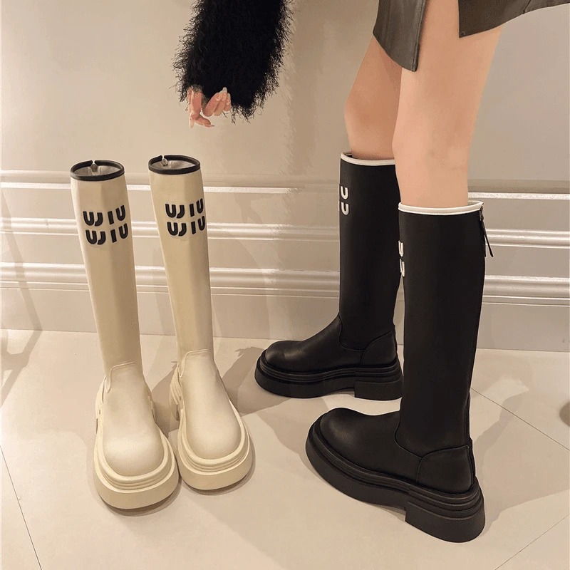 厚底粗跟显腿瘦不过膝长筒弹力靴女2025秋冬新款字母增高机车长靴