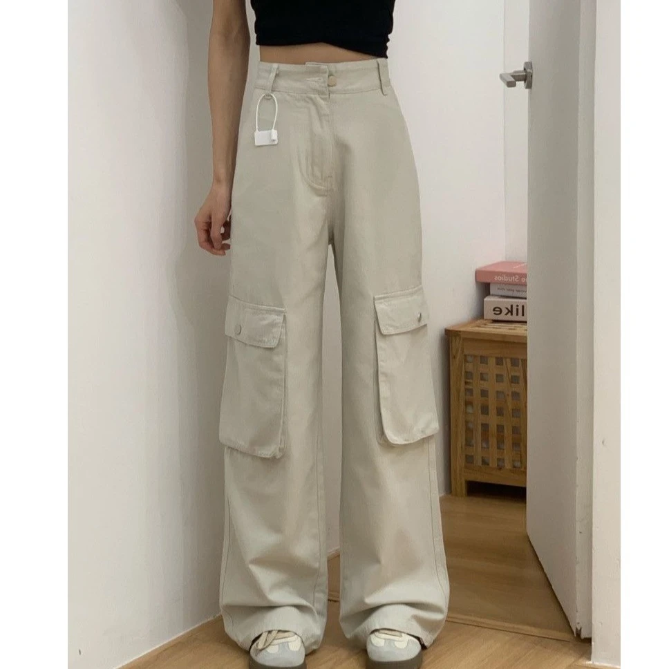 【美式复古】夏季薄款米灰色工装裤女高腰显瘦直筒宽松降落伞休闲裤