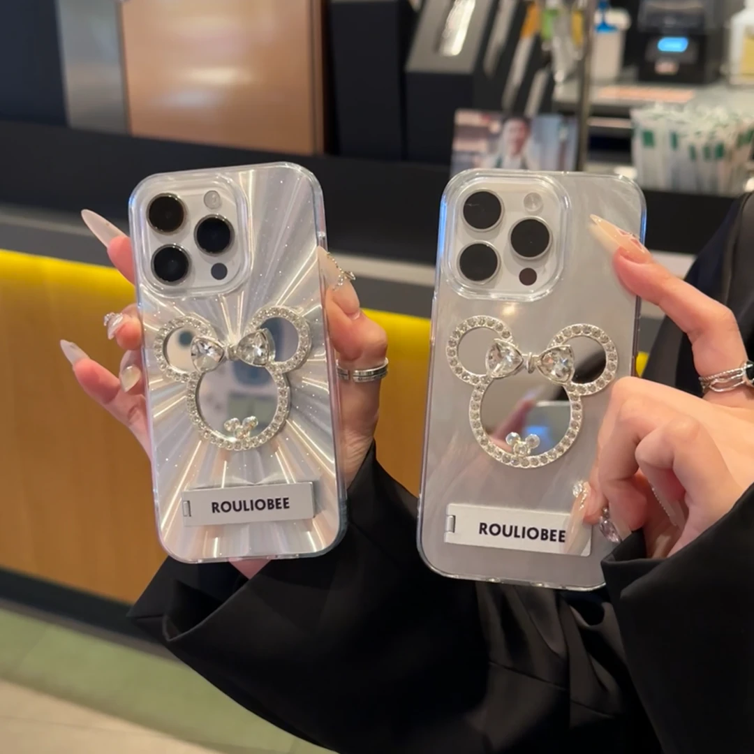 极光钻石米奇镜子适用苹果15羽纱13/12/11仙女iPhone14Promax高级