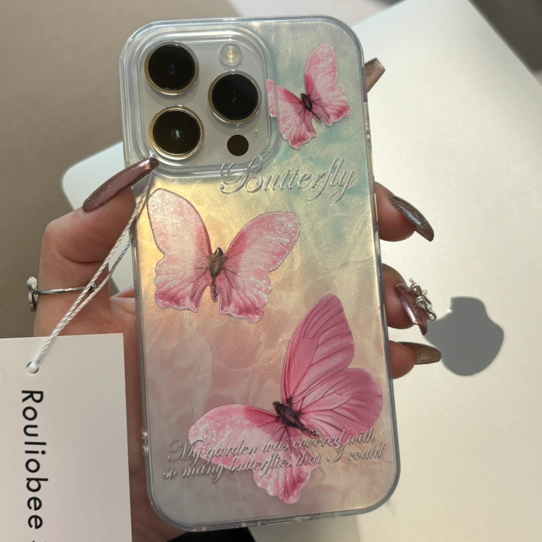 ins粉蝴蝶羽纱适用苹果15promax小众手机壳iphone13/14仙女12/11