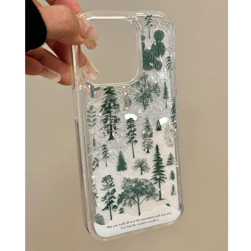 欧克里里雪山森林雪花流沙壳适用苹果15/16手机壳14/13趣味12/11