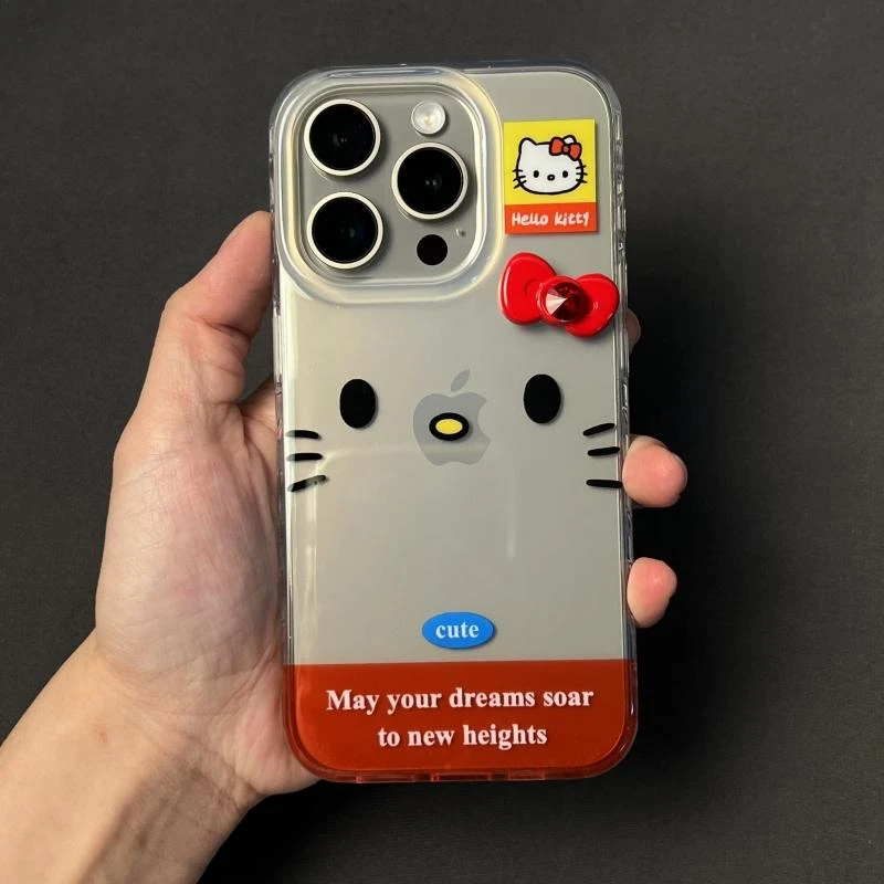 欧克里里拼接英文凯蒂蝴蝶结适用苹果16高透14/15手机壳13/12/11