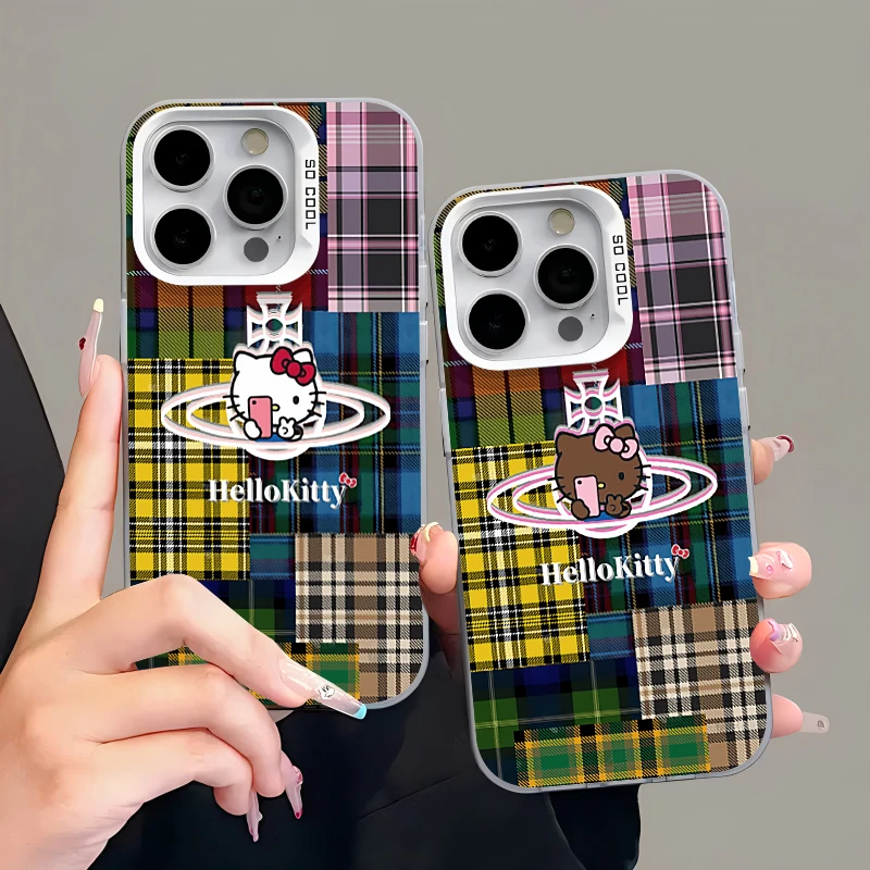 格纹棕凯蒂猫适用iphone15手机壳14/13/12元气壳vivo华为oppo小米