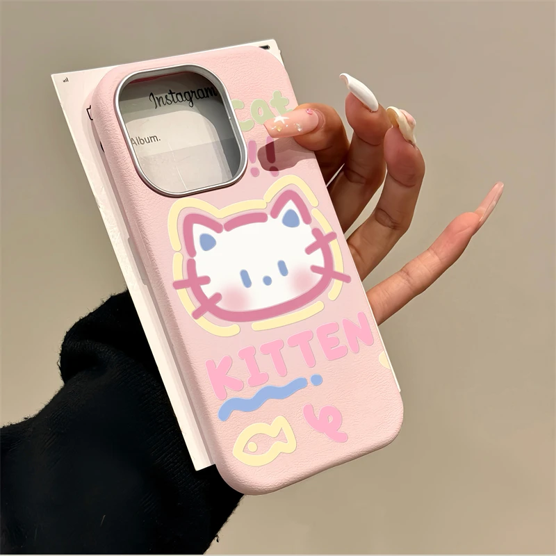 欧克里里猫涂鸦粉适用苹果16promax手机壳iphone15/14金属框13皮