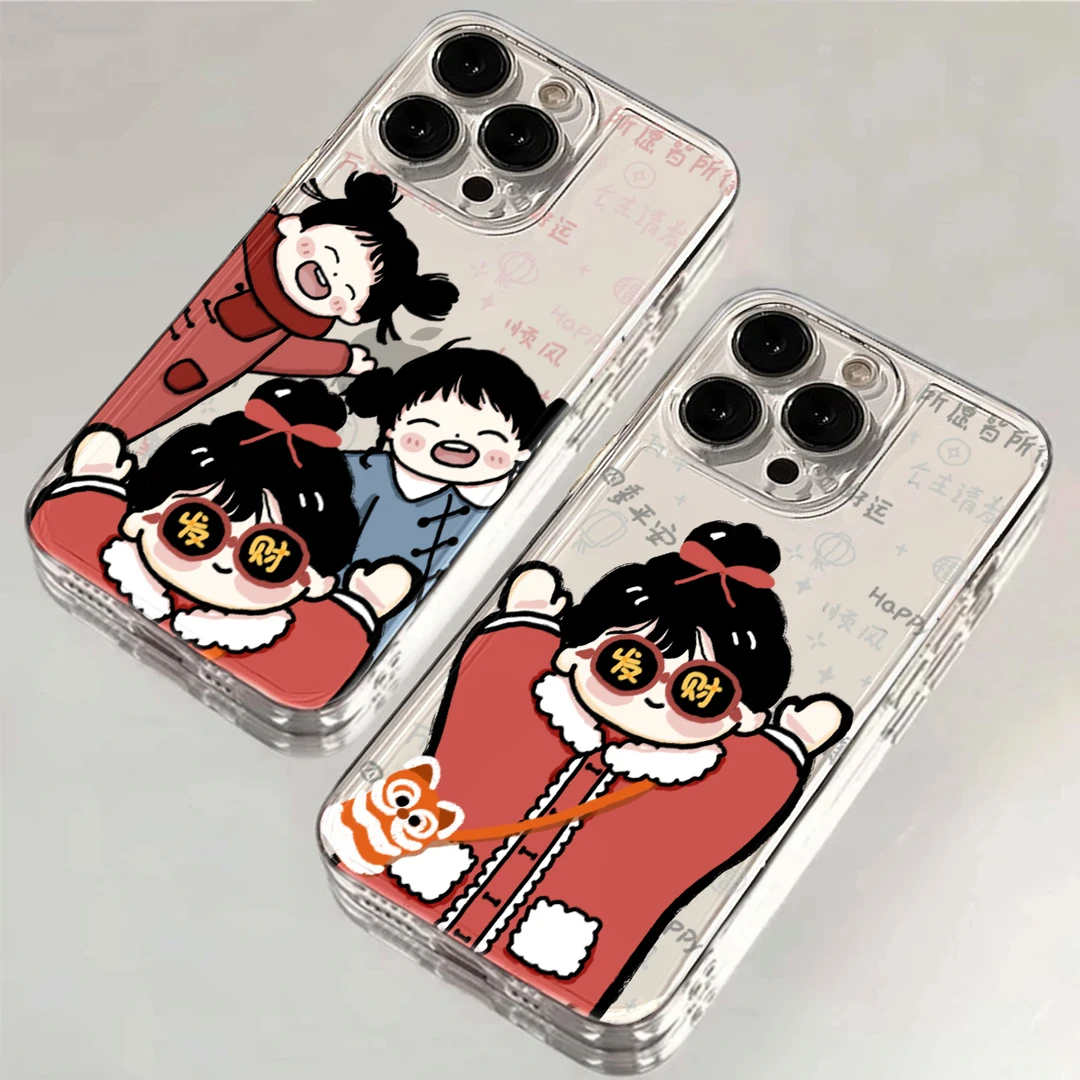 新年發財女孩苹果13透明手机壳iPhone14创意15全包12防摔11软套xs
