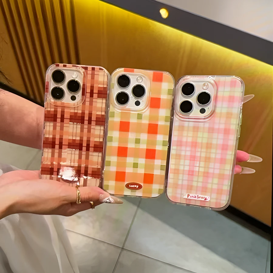 欧克里里ins半透格纹拼接适用iphone16透明苹果14/15手机壳13/12