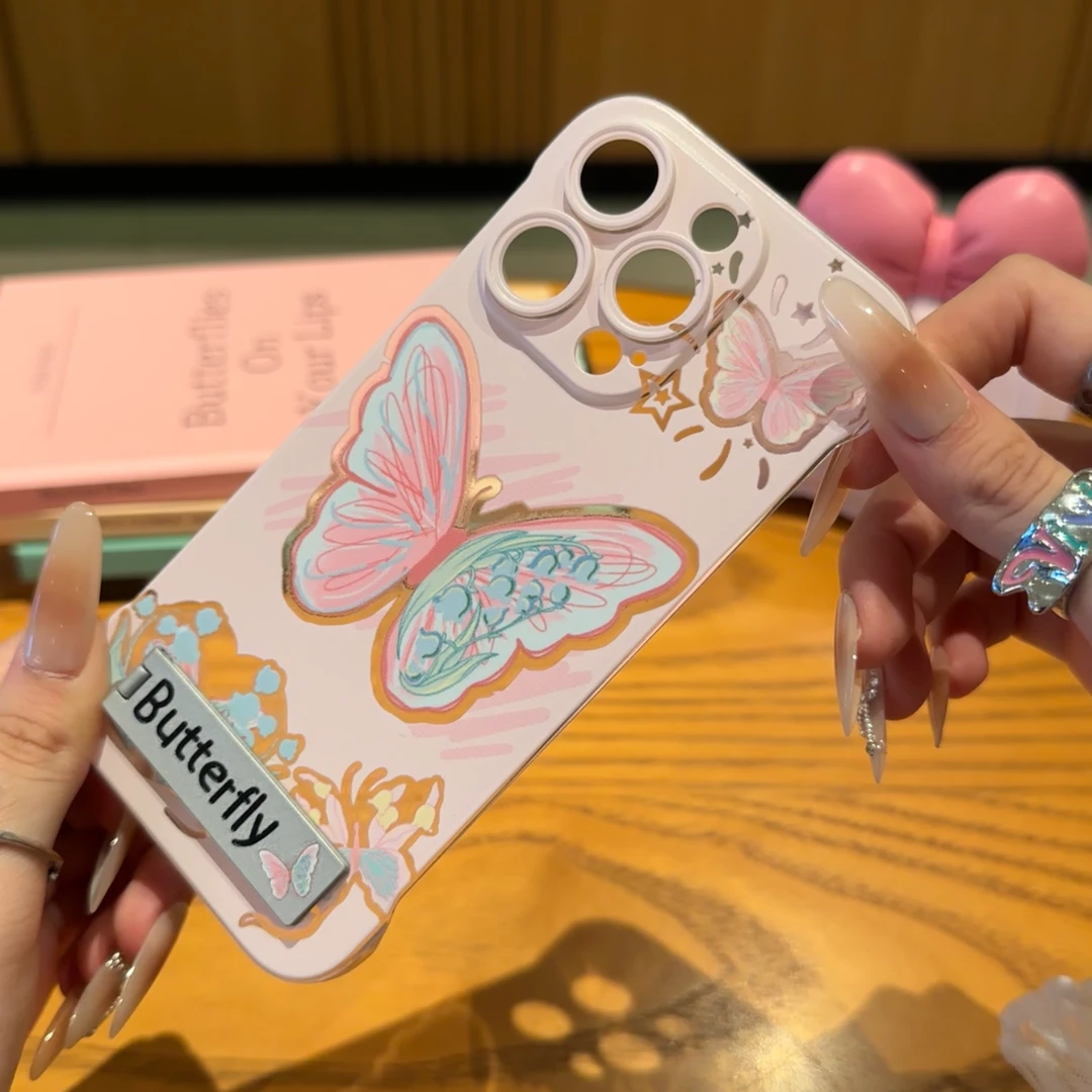 欧克里里雅粉蝴蝶支架适用苹果16无边框手机壳华为vivo小米14oppo