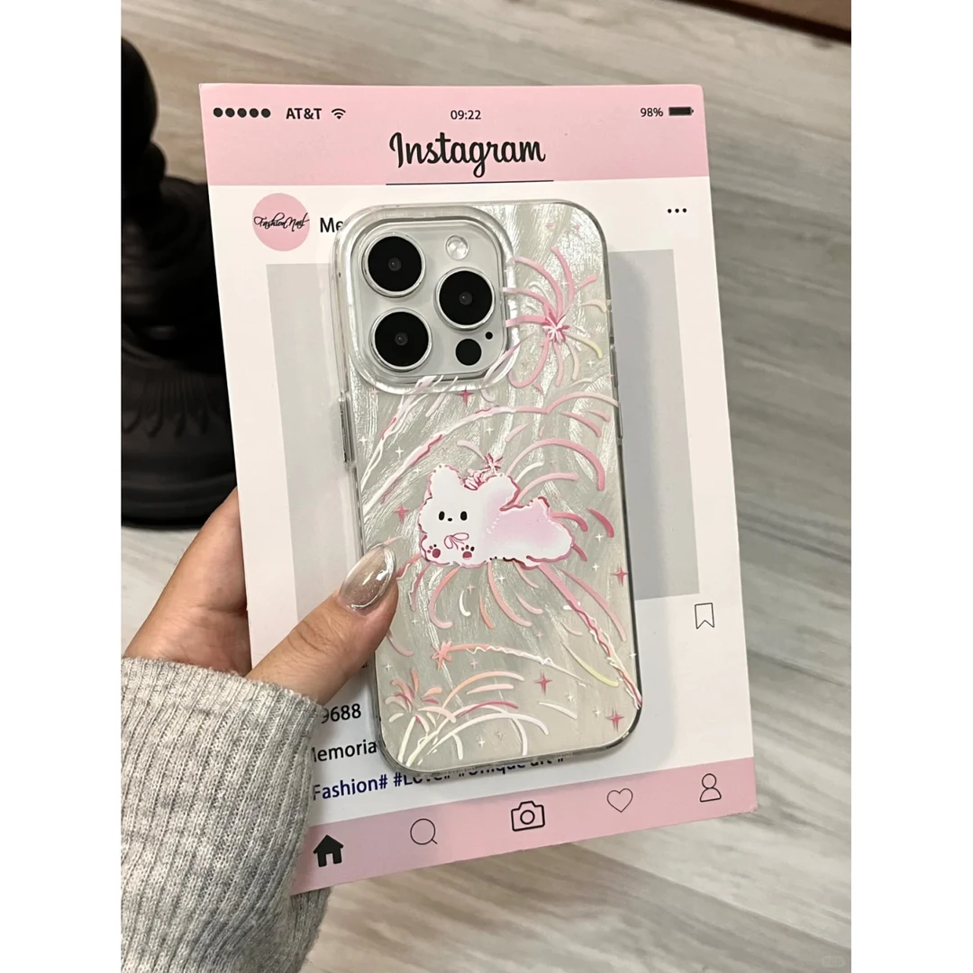 欧克里里银色烟花小狗适用苹果16手机壳iPhone1514羽纱壳13/12/11