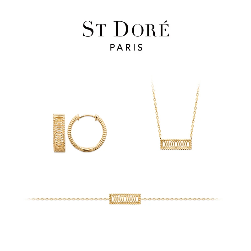 铜项链 St Dore/朵蕊法国拉丝纹锁骨项链18K镀金轻奢指环高级耳圈