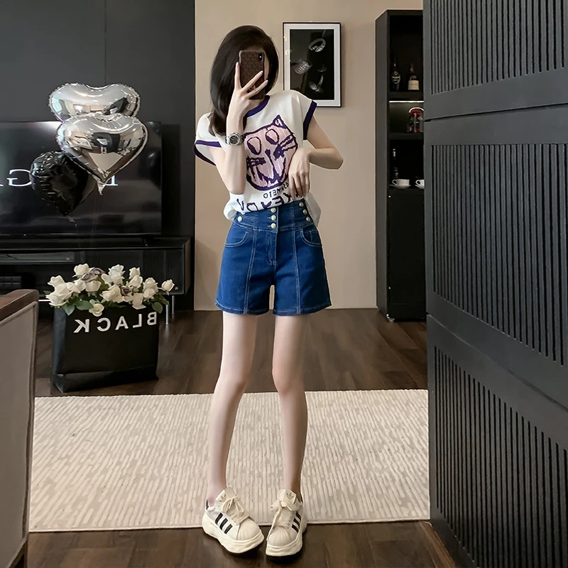 夏季新款港风时尚套装女洋气减龄chic针织撞色t恤牛仔短裤两件套