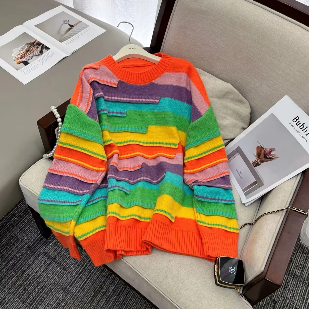 多巴胺彩虹条纹毛衣女减龄慵懒风独特别致小个子针织衫上衣外穿潮