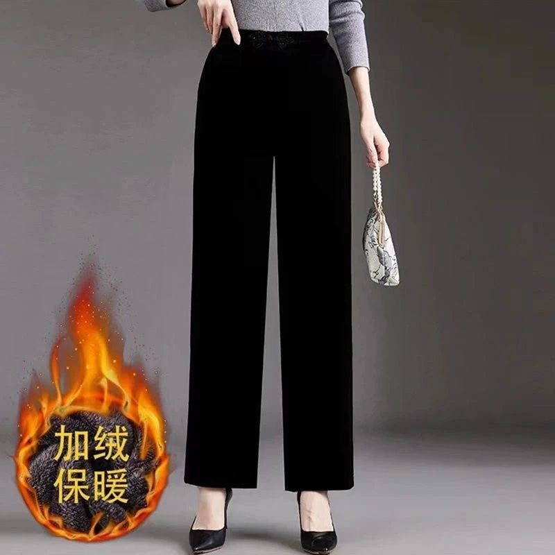 2023冬季新款金丝绒高腰直筒裤加绒保暖中年妈妈女装时尚百搭长裤