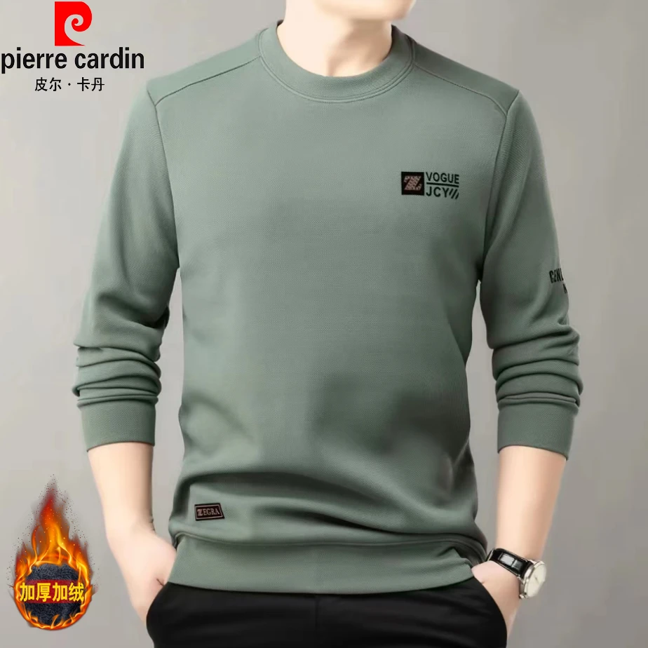 正品皮尔卡丹秋冬季新款男士加绒加厚保暖圆领卫衣时尚套头T恤男