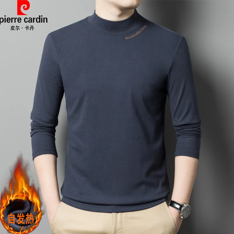 皮尔卡丹双面德绒长袖T恤半高领秋冬季厚保暖打底内衣男士体恤衫