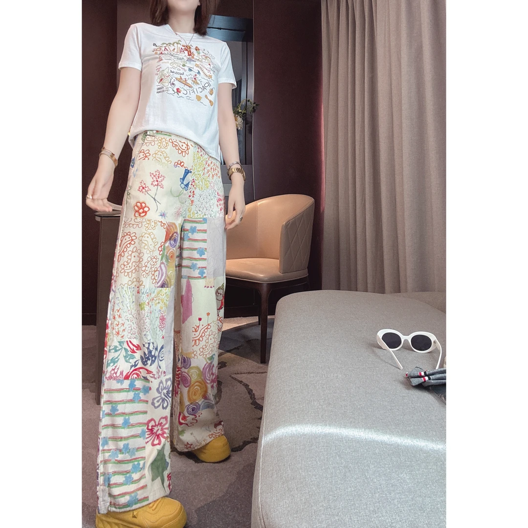 雪姐的私服「涂鸦裤」夏季新款显瘦直筒印花裤宽松百搭时尚阔腿裤