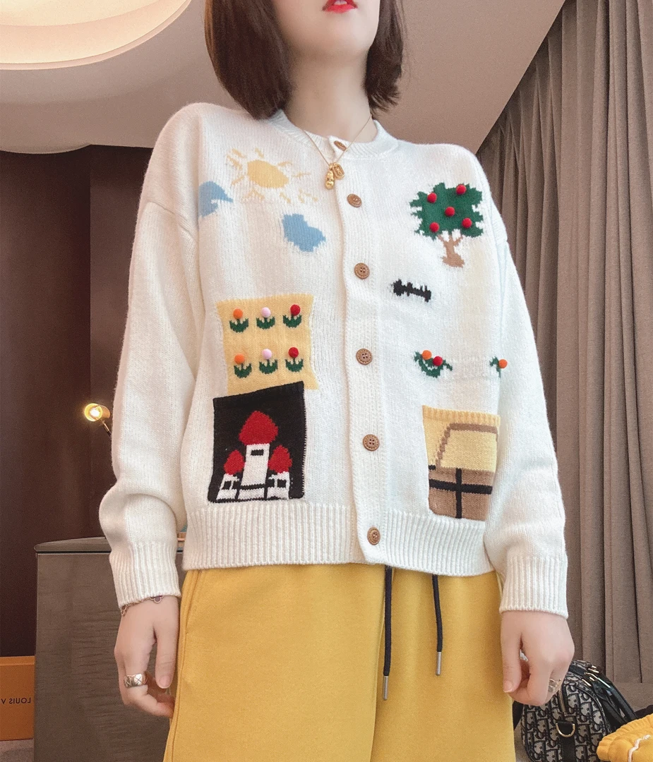 雪姐服饰「菜园开衫」新款百搭提花针织羊毛衫时尚圆领开衫外套