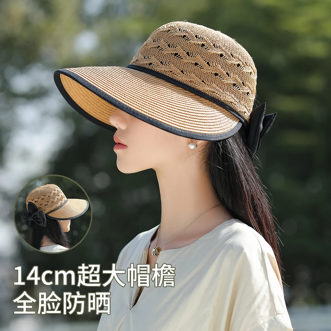 宏达蝴蝶结编织防晒遮阳大帽檐太阳帽女士夏季户外时尚草帽显脸小