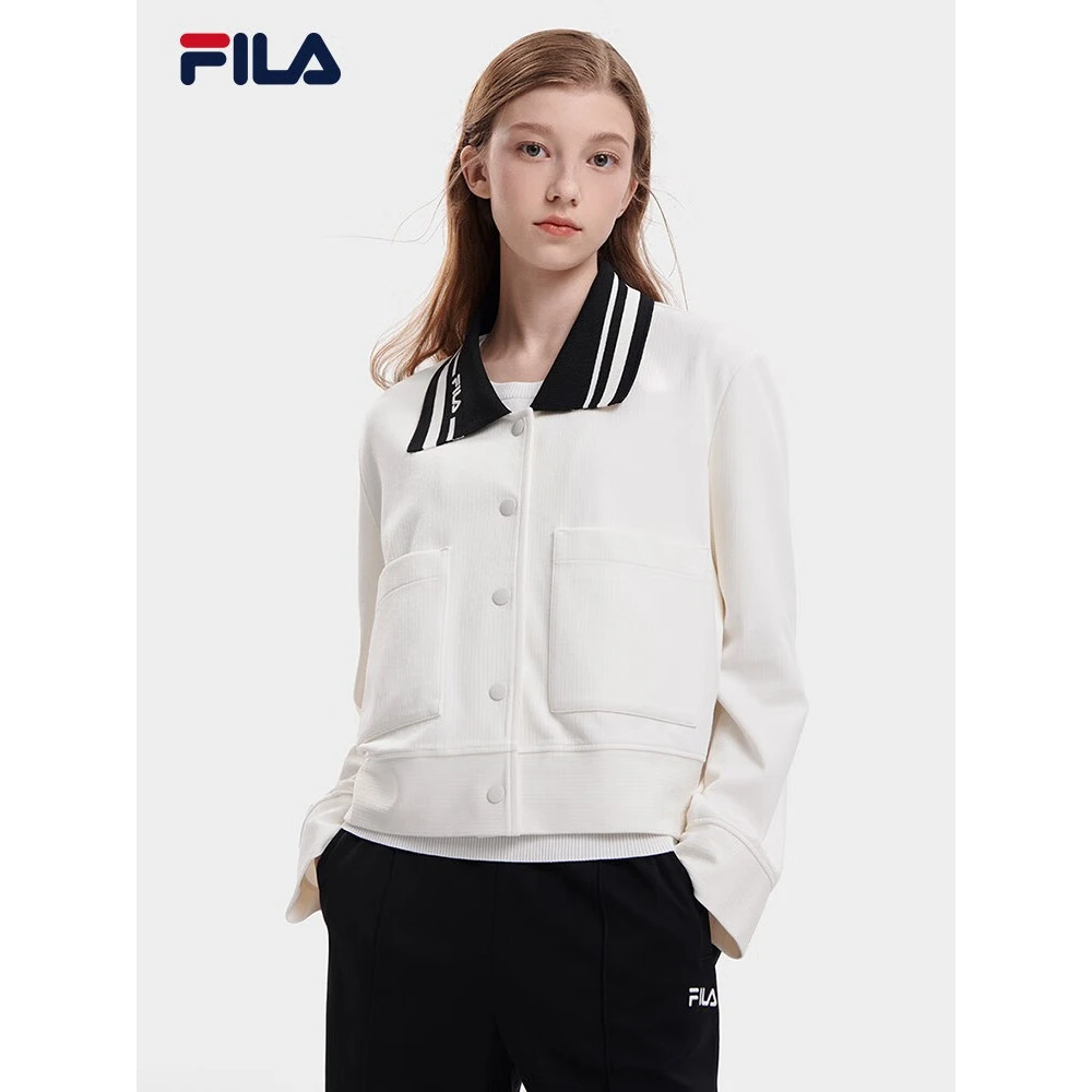 斐乐2023秋新款时尚休闲宽松针织翻领百搭长袖外套女 F11W338501F