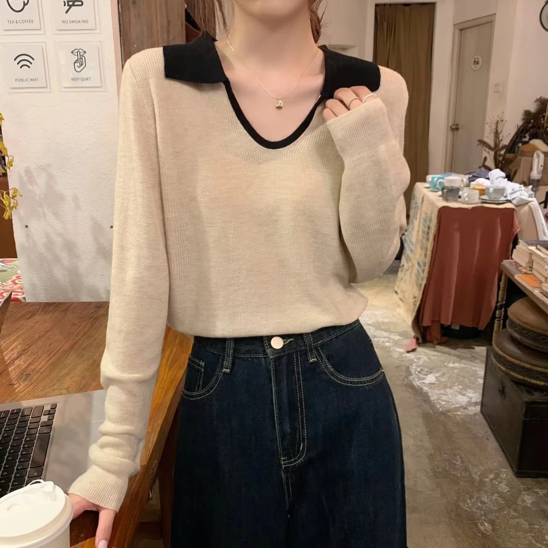大码秋季显瘦遮肉拼色POLO领高级感软糯洋气慵懒风宽松针织衫女