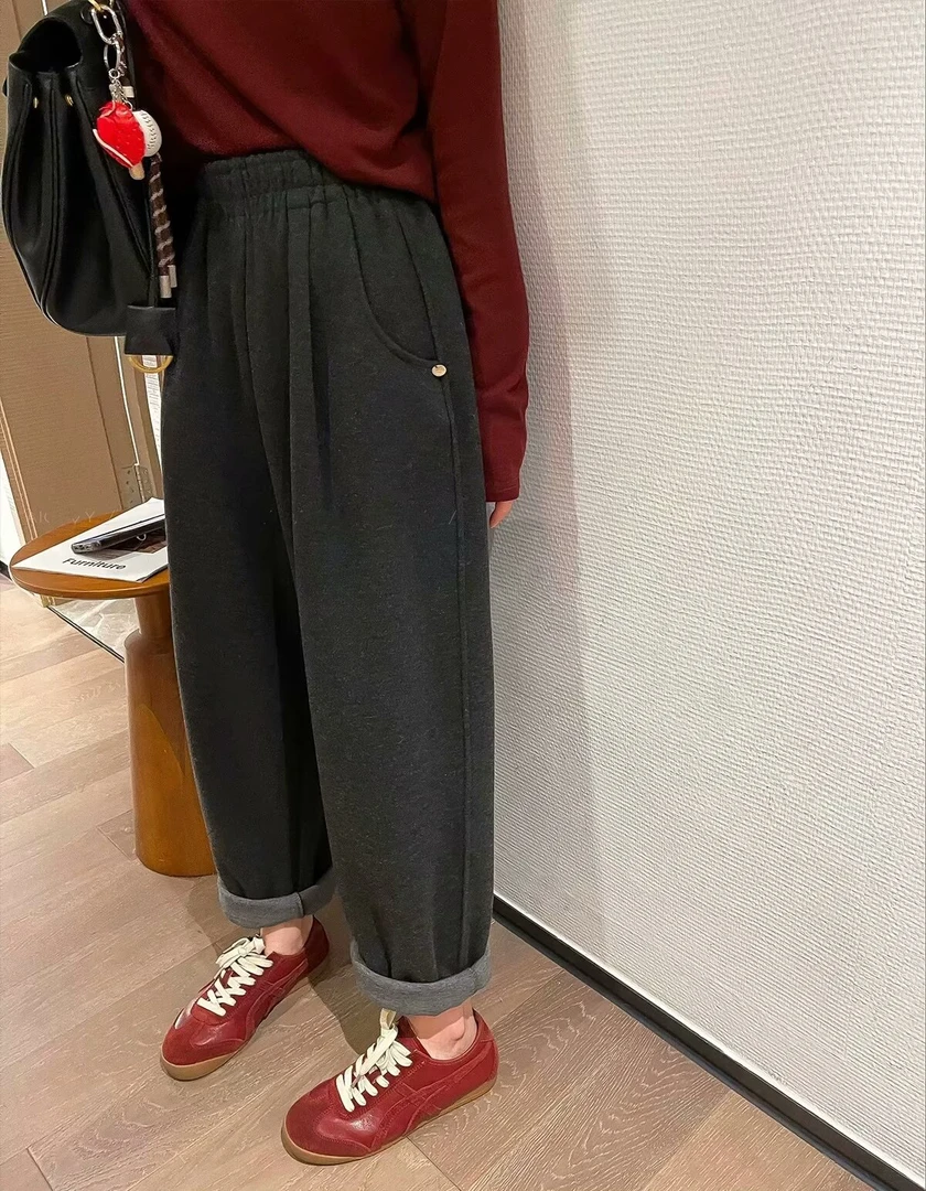 【墨小汐】秋冬新款大码品质高腰贝壳装饰毛呢宽松百搭松紧腰萝卜裤