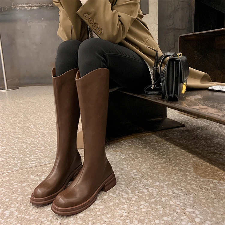 全牛皮长筒靴女2023冬加绒显瘦不过膝V口长靴硬筒厚底高筒骑士靴