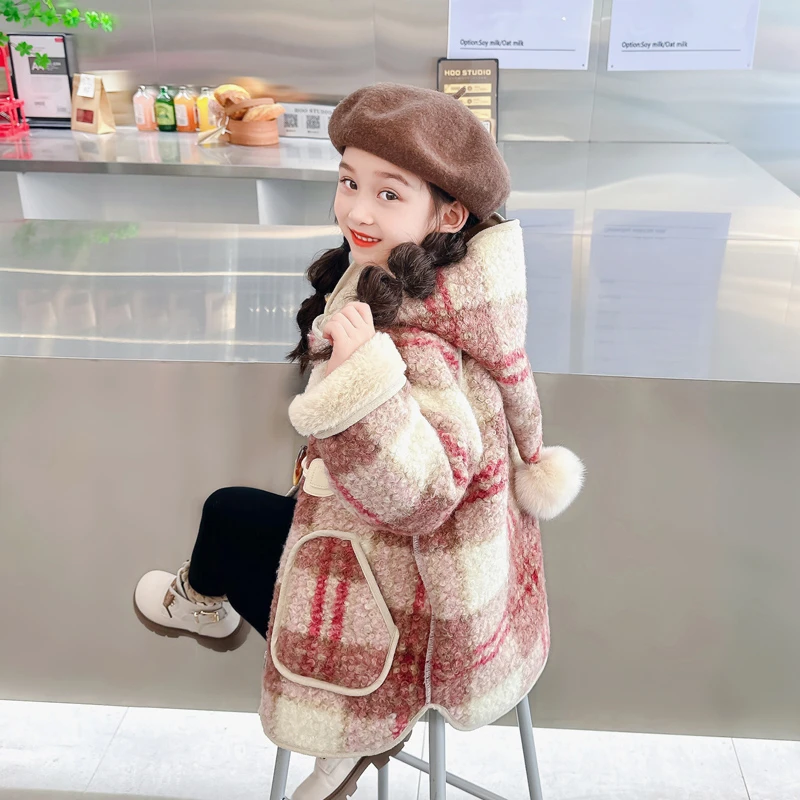 女童毛呢大衣2025秋冬新款儿童中长款外套女孩冬装连帽宽松韩版潮