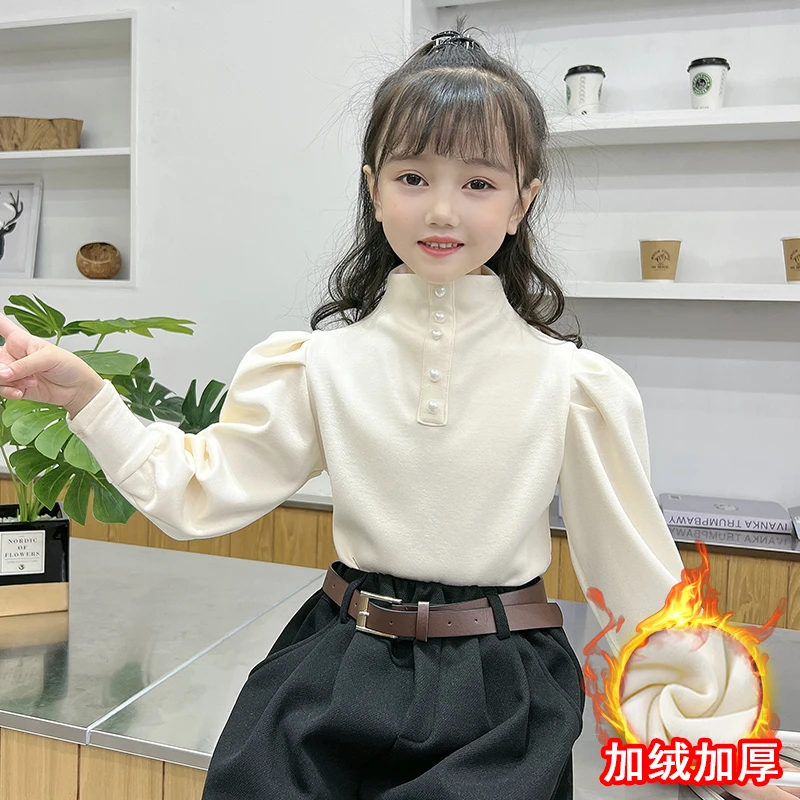 女童打底衫加绒加厚秋冬装2022新款洋气儿童设计感泡泡袖时尚上衣