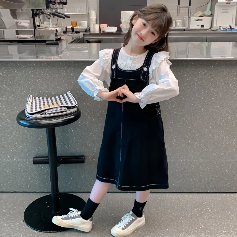 儿童秋季连衣裙2025新款中大童洋气时髦长袖衬衫牛仔背带裙两件套