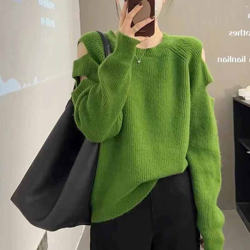 2023秋季新款漏肩破洞长袖宽松百搭显瘦毛衣韩版小心机设计针织衫