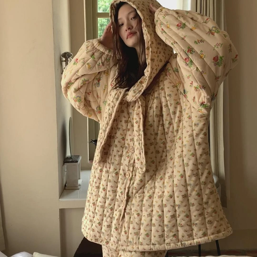 典妈睡衣女冬季冬天三层夹棉袄加厚保暖加绒小碎花家居服秋冬款