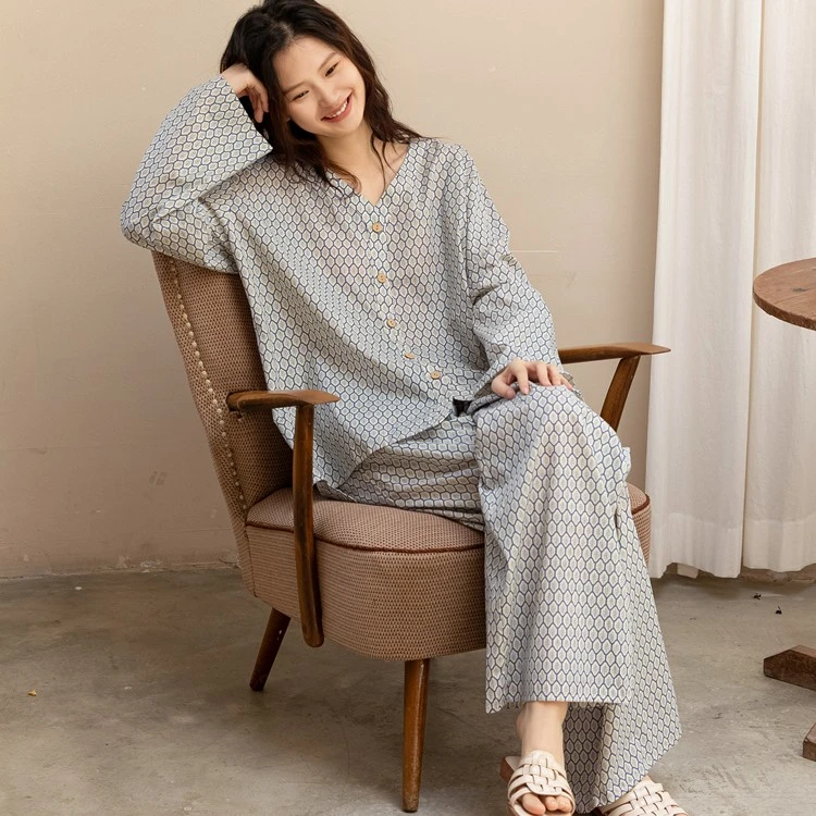 春秋季纯棉睡衣女宽松长袖长裤大码夏薄款简约时尚套装印花家居服