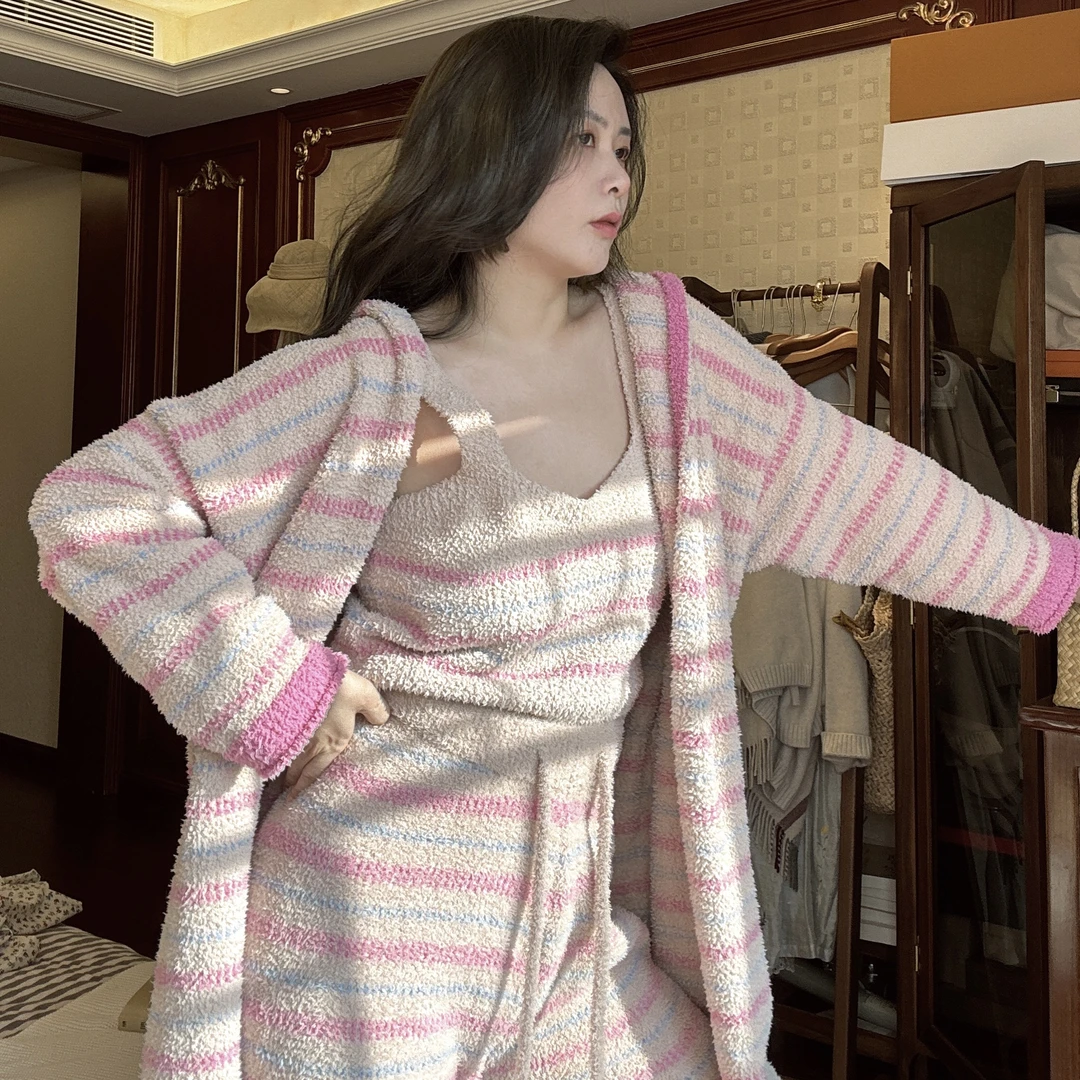 珊瑚绒秋冬季半边绒睡衣女士可外穿条纹三件套家居服加厚保暖冬天