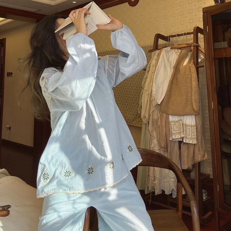 蓝色法式刺绣宽松全棉纯棉纱布睡衣春夏新款透气可外穿家居服套装