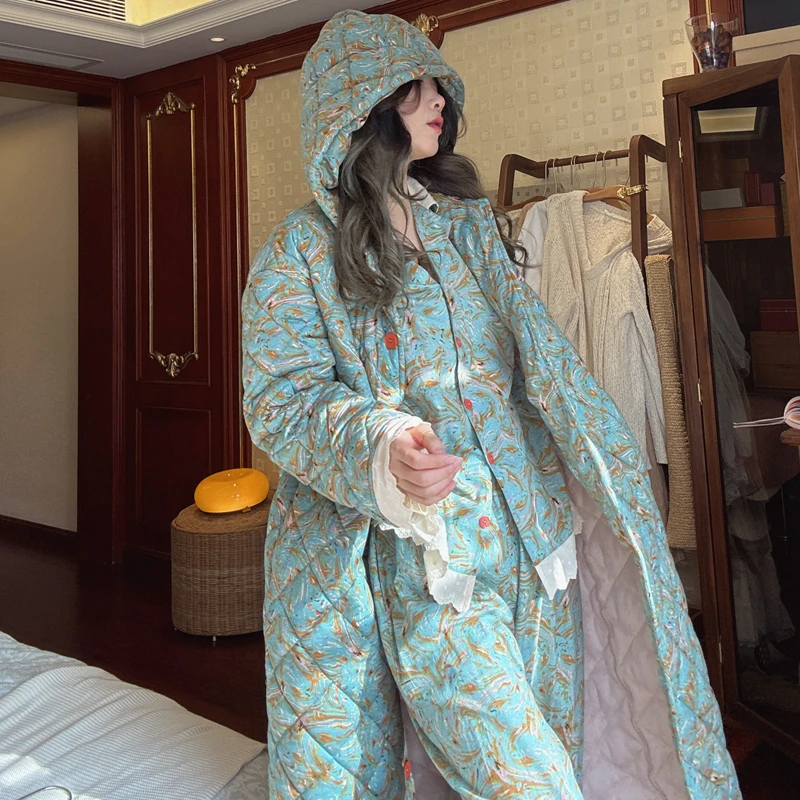 秋冬季2025新款三层保暖中长款夹棉宽松睡袍女加绒加厚睡衣家居服