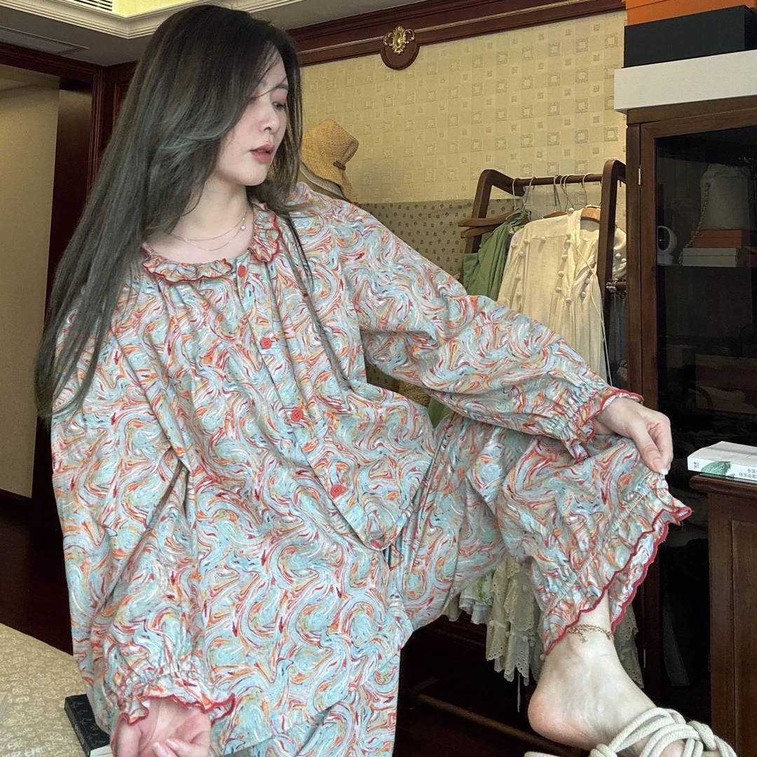 族玛士夏季纯棉睡衣家居服女士短袖短裤碎花网红套装复古薄款宽松