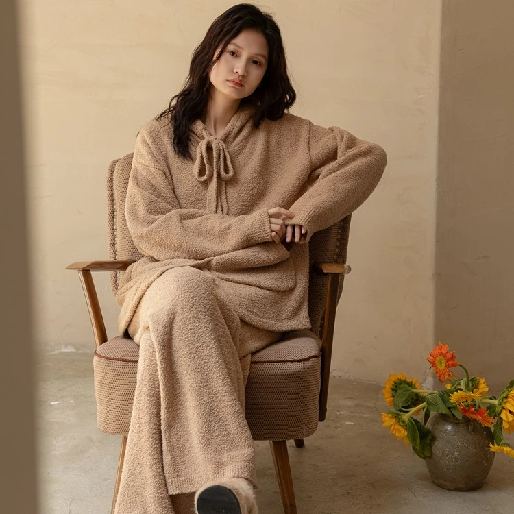大梦秋冬季半边绒睡衣女连帽套装加厚保暖纯色珊瑚绒可外穿家居服