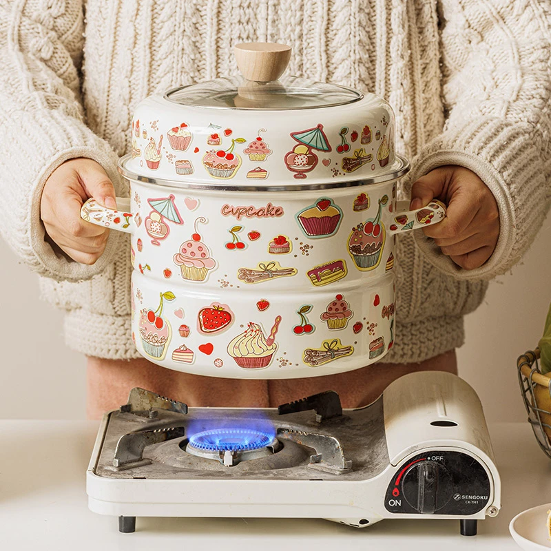 【设计师款】品质高货24厘米加厚双层搪瓷珐琅蒸锅甜品蛋糕花