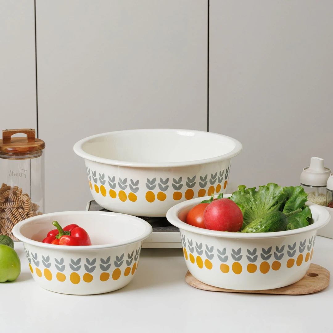 【设计师款】升级宽边口 橘子花系列 特厚款珐琅搪瓷盆3件套